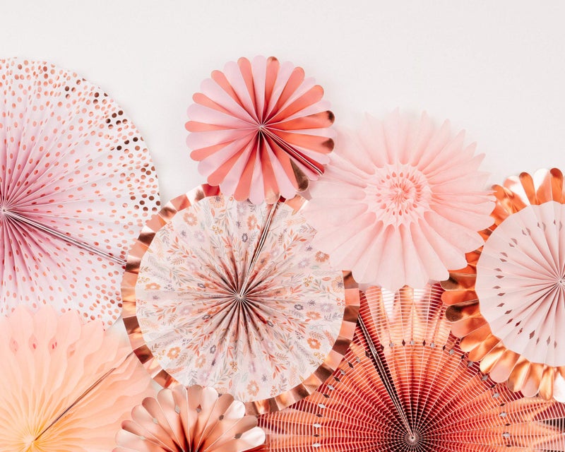 PapaKit Origami Wall Decoration Set (8 Assorted Round Paper Fans) Birthday Party Baby Shower Wedding Events Decor | Creative Art Design Pattern (Lustrous Pink Coral with Metallic Rose Gold) - Image 5